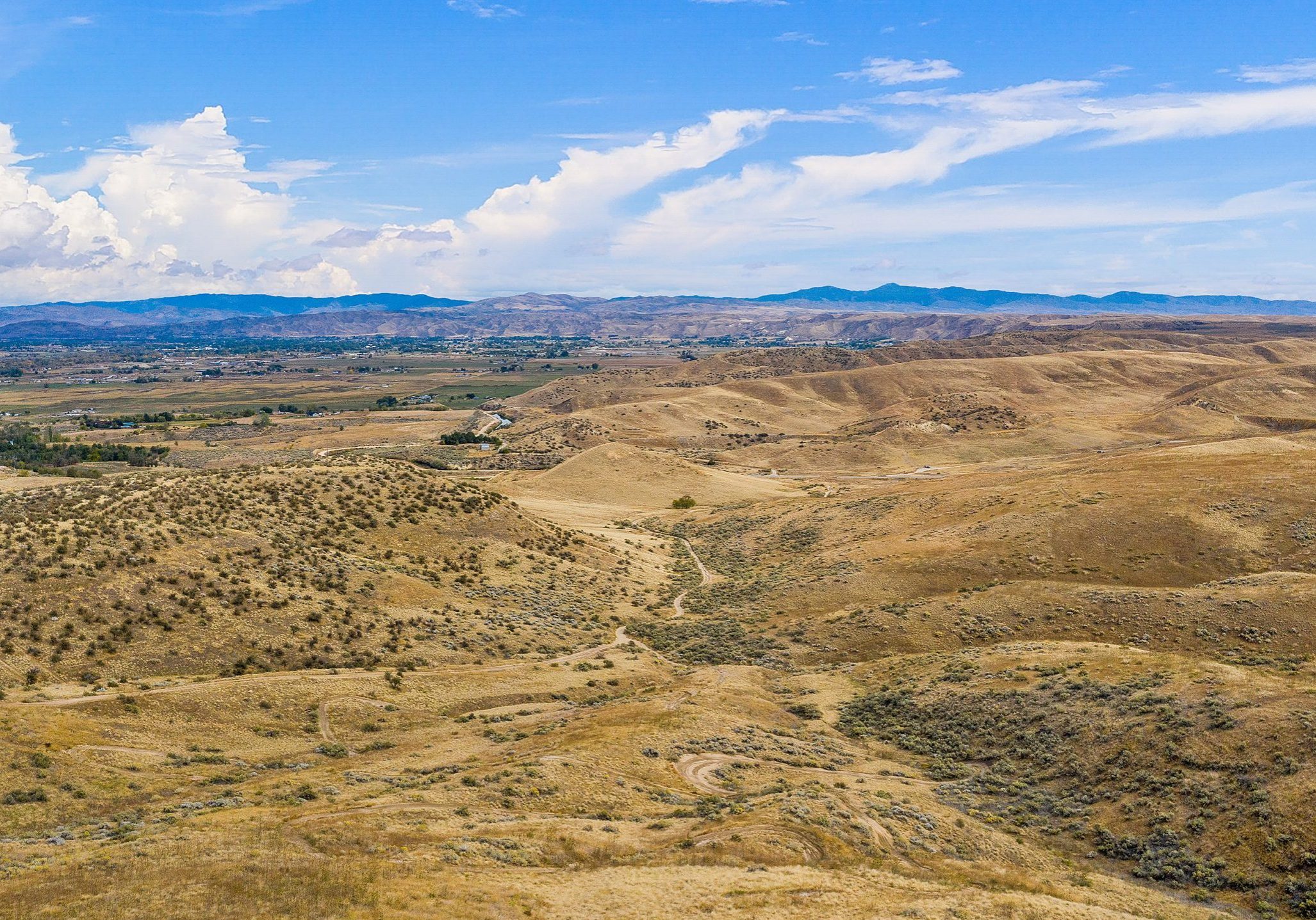 Aerial view of rolling hills with scenic trails on BLM land in Middleton Idaho