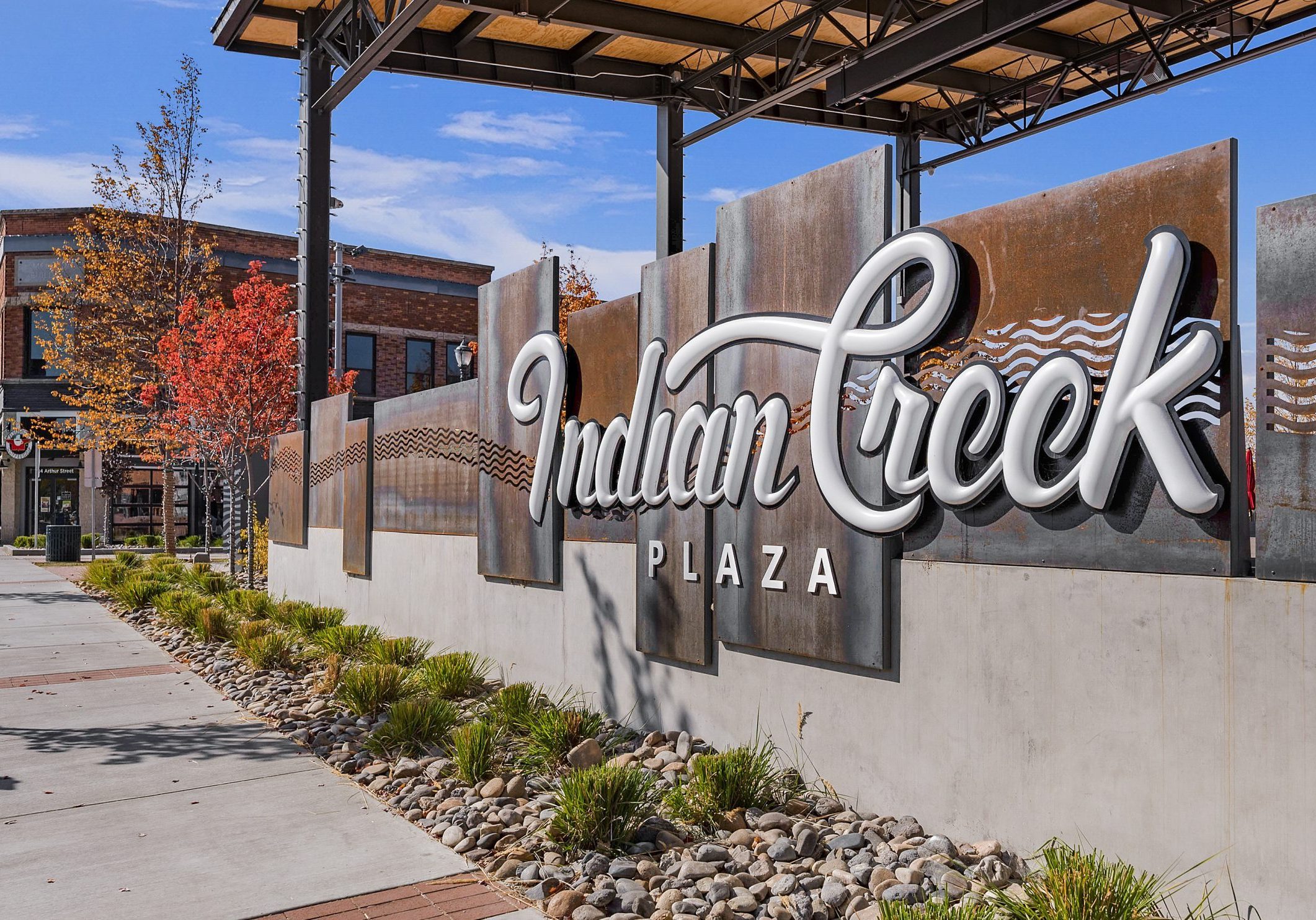 Indian Creek Plaza monument sign located in downtown Caldwell, Idaho